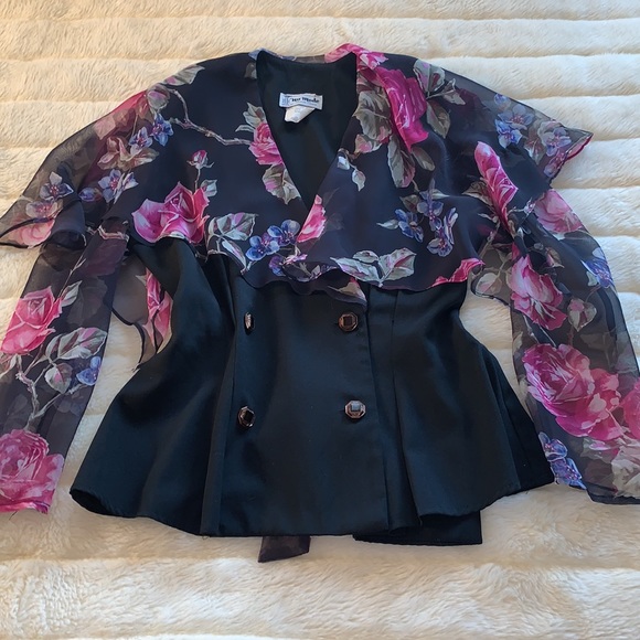 Vintage 80’s pink black sheer chiffon collar bow blazer jacket M - Picture 5 of 12